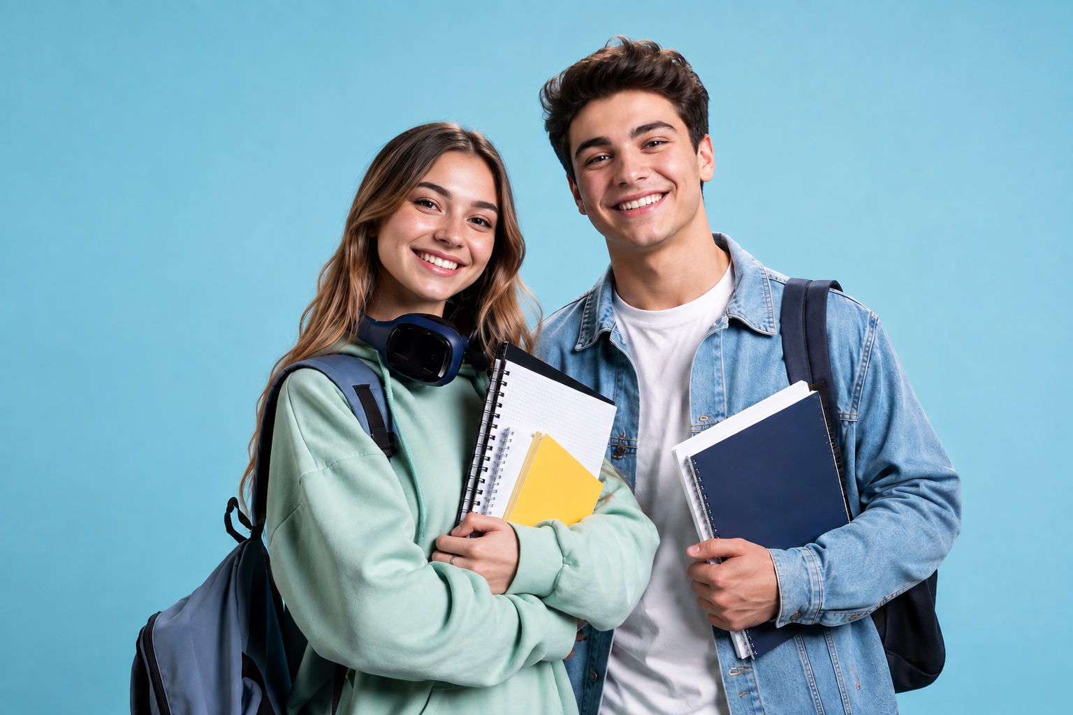 Alunos sorrindo com materiais escolares
